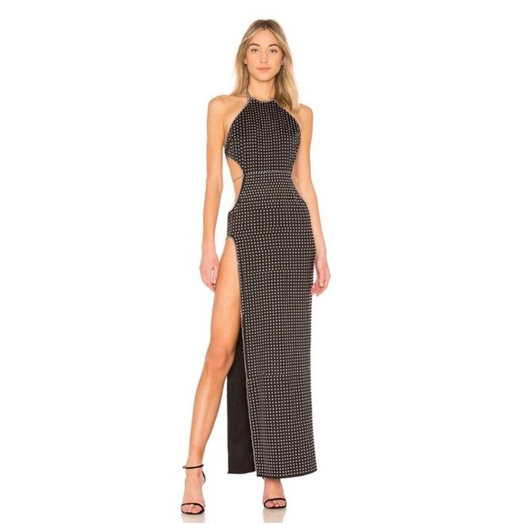 NBD Revolve Do Not Disturb Gown Dress In Black Studded Cut Out Slit NWT Sz XXS - Picture 2 of 8